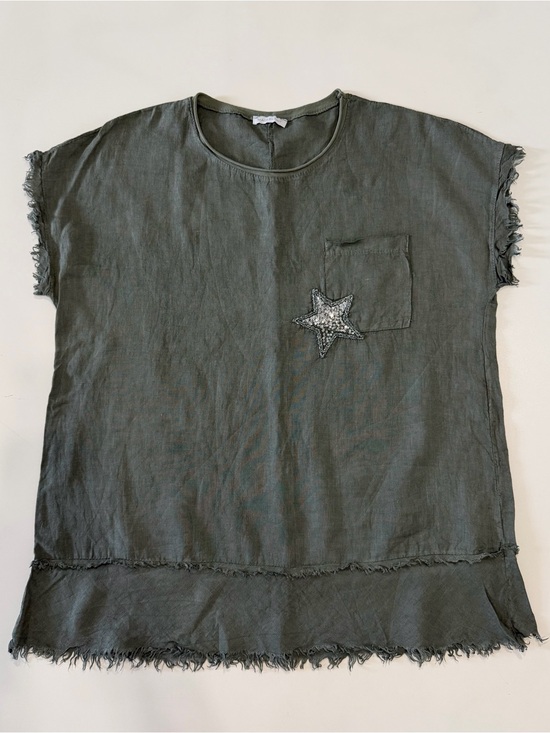 M Made In Italy Tops - Made In Italy 100% Linen Overside Tunic Star Pocket Olive Green Top One Size